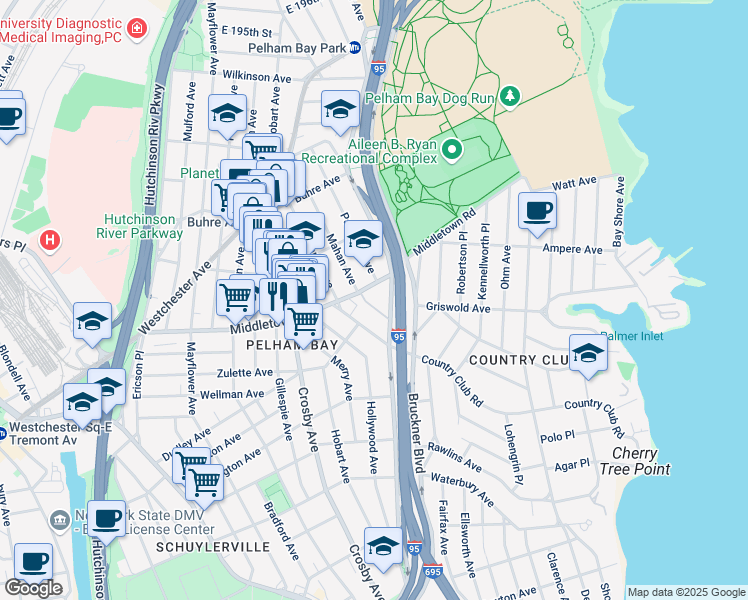 map of restaurants, bars, coffee shops, grocery stores, and more near 3105 Middletown Road in Bronx