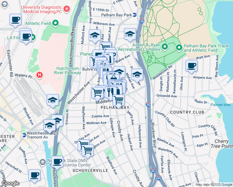 map of restaurants, bars, coffee shops, grocery stores, and more near 1631 Hobart Avenue in Bronx