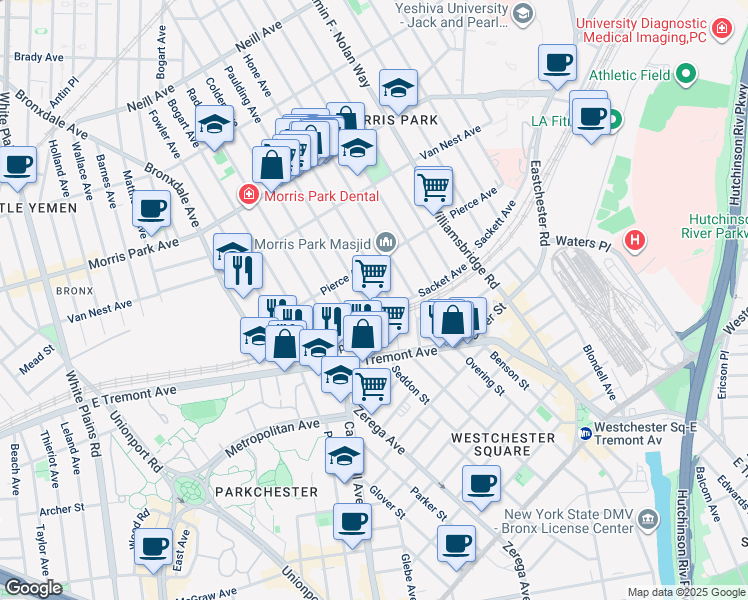 map of restaurants, bars, coffee shops, grocery stores, and more near 1588 Paulding Avenue in The Bronx