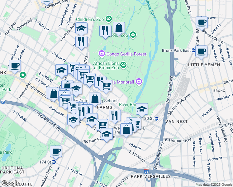 map of restaurants, bars, coffee shops, grocery stores, and more near 2137 Vyse Avenue in Bronx