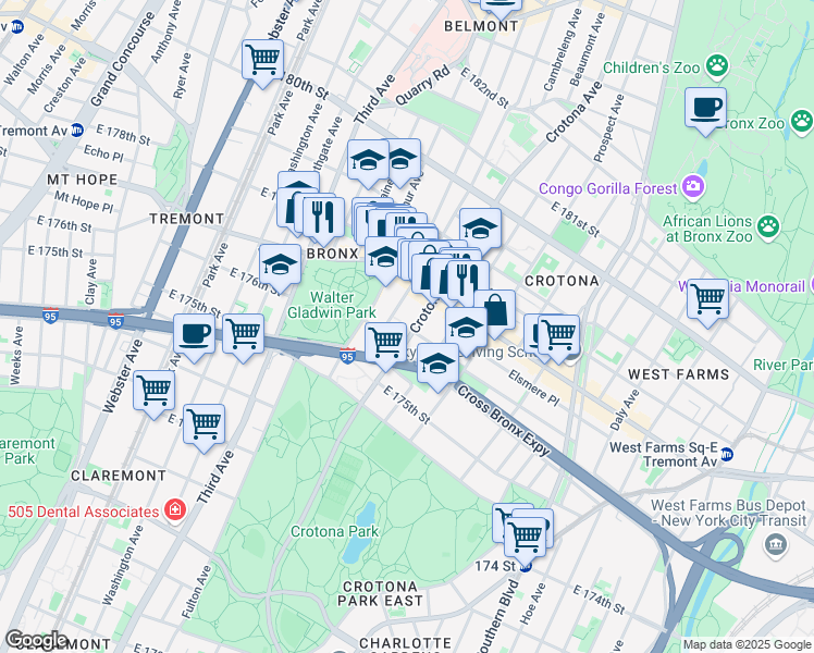 map of restaurants, bars, coffee shops, grocery stores, and more near 1893 Belmont Avenue in The Bronx