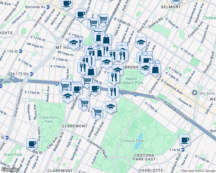 map of restaurants, bars, coffee shops, grocery stores, and more near 1816 Washington Avenue in Bronx