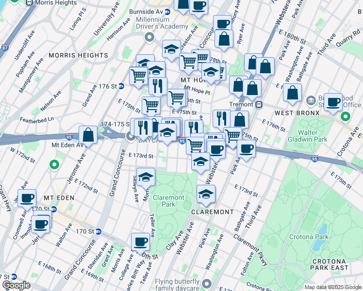 map of restaurants, bars, coffee shops, grocery stores, and more near 1745 Monroe Avenue in Bronx