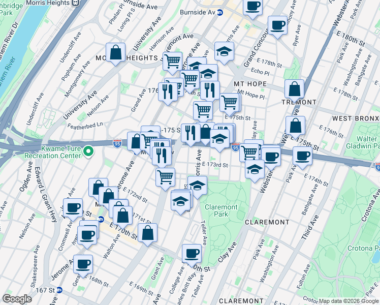 map of restaurants, bars, coffee shops, grocery stores, and more near in The Bronx