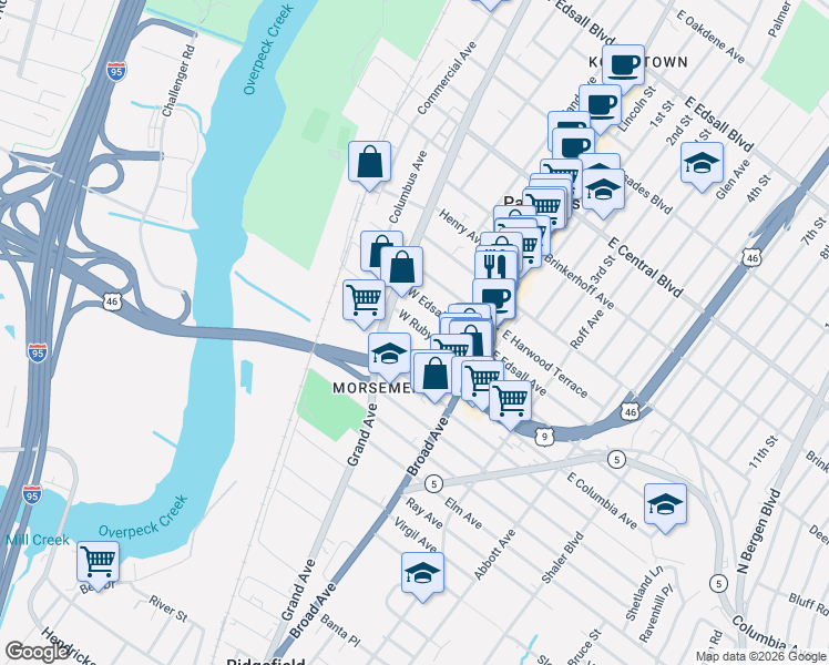 map of restaurants, bars, coffee shops, grocery stores, and more near 76 West Ruby Avenue in Palisades Park