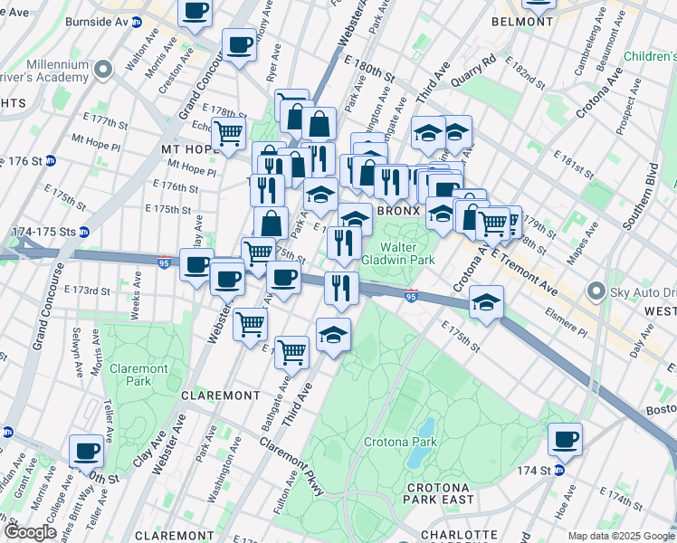 map of restaurants, bars, coffee shops, grocery stores, and more near 505 East 175th Street in Bronx