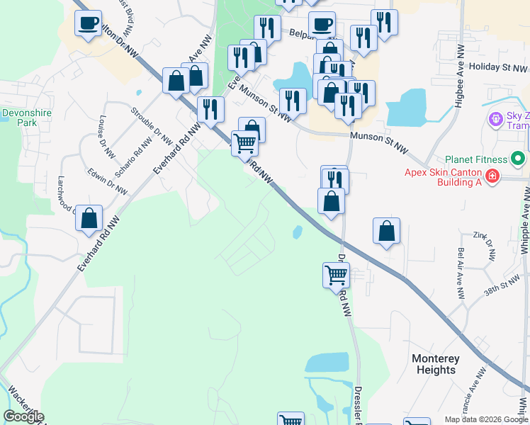 map of restaurants, bars, coffee shops, grocery stores, and more near 4220 Belden Greens Circle Northwest in Canton