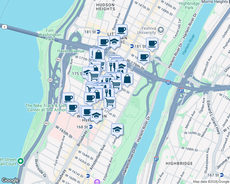 map of restaurants, bars, coffee shops, grocery stores, and more near 555 West 174th Street in New York
