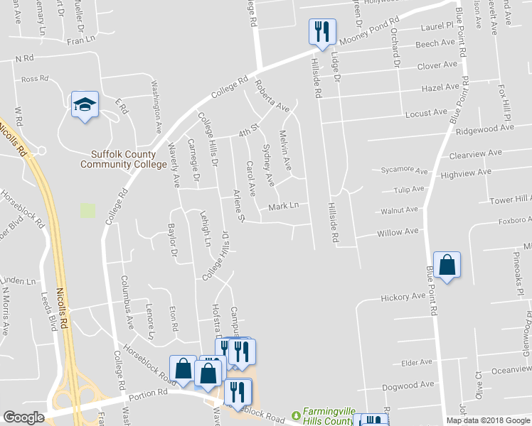 map of restaurants, bars, coffee shops, grocery stores, and more near 14 Mark Lane in Farmingville