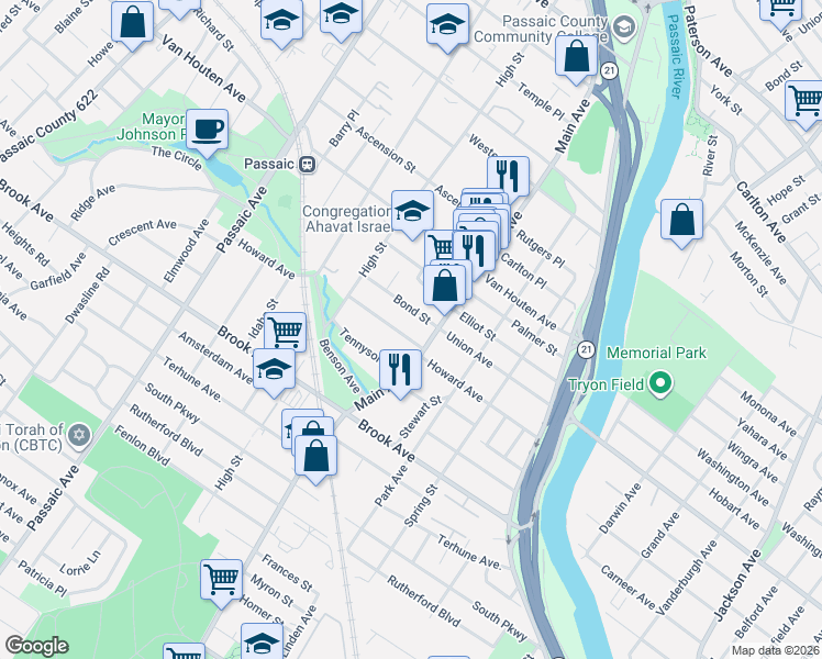 map of restaurants, bars, coffee shops, grocery stores, and more near 29 Bond Street in Passaic