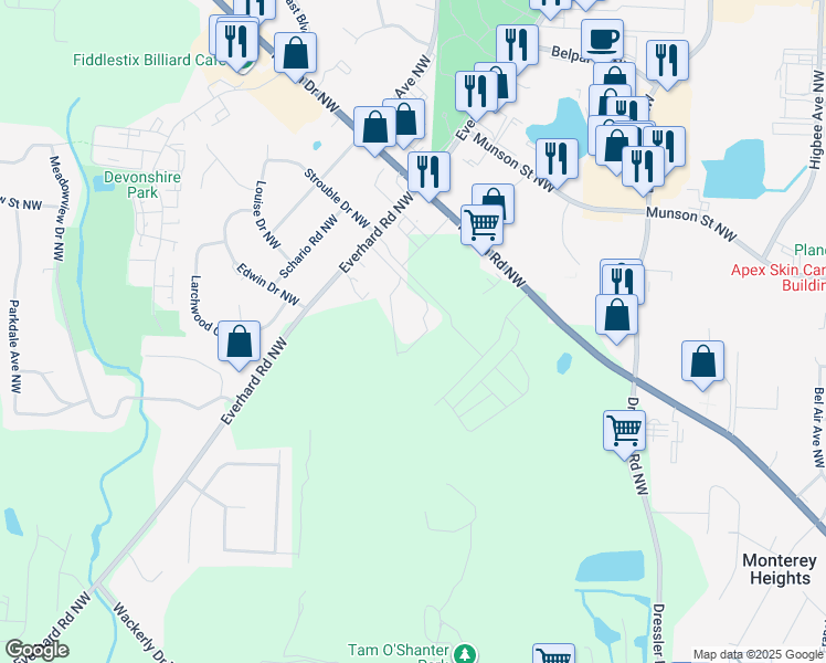 map of restaurants, bars, coffee shops, grocery stores, and more near 5186 Everhard Road Northwest in Canton