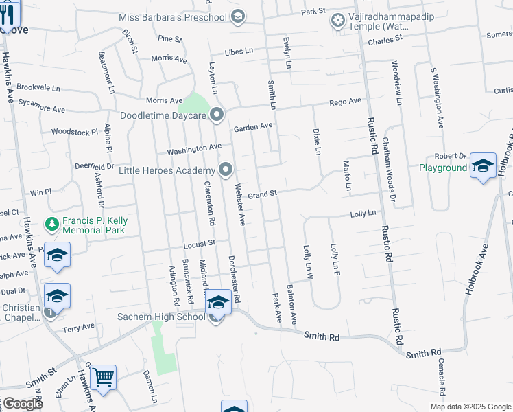 map of restaurants, bars, coffee shops, grocery stores, and more near 4 Grand Street in Lake Ronkonkoma