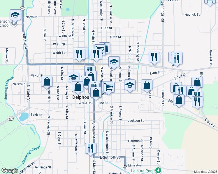 map of restaurants, bars, coffee shops, grocery stores, and more near 233 North Franklin Street in Delphos