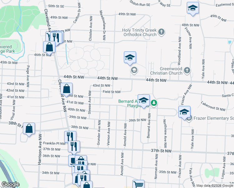 map of restaurants, bars, coffee shops, grocery stores, and more near 1233 Field Street Northwest in Canton