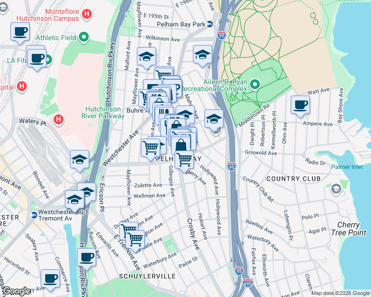 map of restaurants, bars, coffee shops, grocery stores, and more near 1615 Hobart Avenue in Bronx