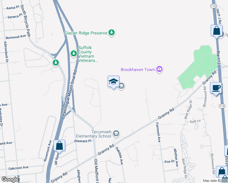 map of restaurants, bars, coffee shops, grocery stores, and more near 177 Granny Road in Farmingville