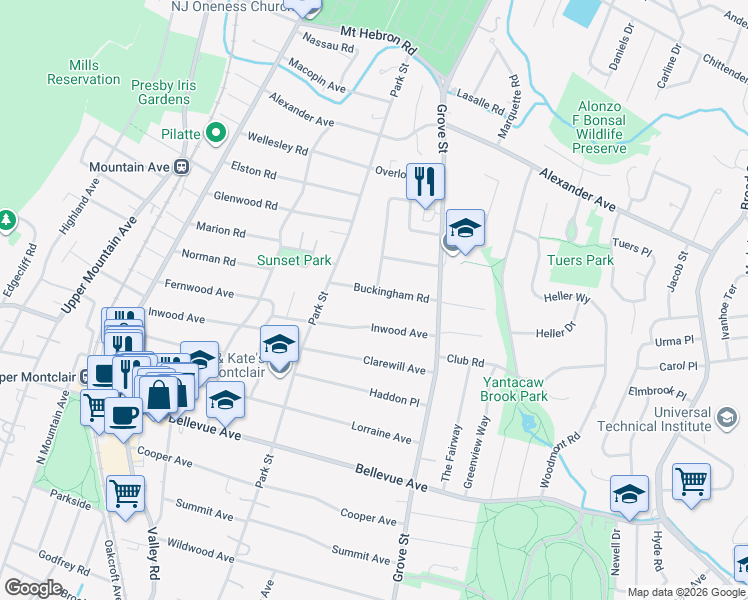map of restaurants, bars, coffee shops, grocery stores, and more near 133 Buckingham Road in Montclair