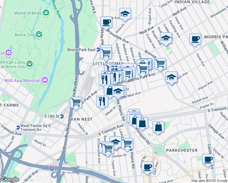 map of restaurants, bars, coffee shops, grocery stores, and more near 1745 White Plains Road in The Bronx