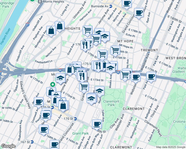 map of restaurants, bars, coffee shops, grocery stores, and more near 110 East 174th Street in The Bronx