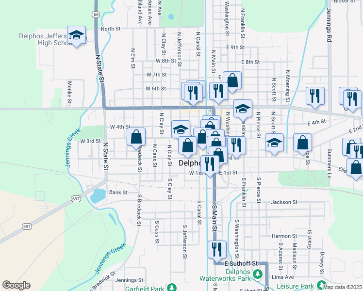map of restaurants, bars, coffee shops, grocery stores, and more near 227 North Jefferson Street in Delphos