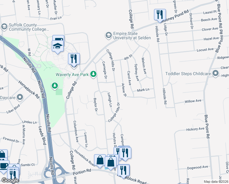 map of restaurants, bars, coffee shops, grocery stores, and more near 26 College Hills Drive in Farmingville