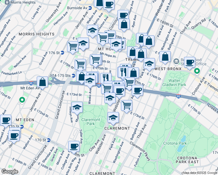 map of restaurants, bars, coffee shops, grocery stores, and more near E 174th St & Clay Ave in Bronx