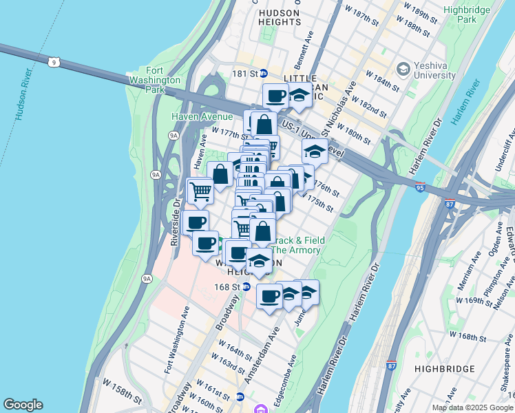 map of restaurants, bars, coffee shops, grocery stores, and more near 615 West 173rd Street in New York