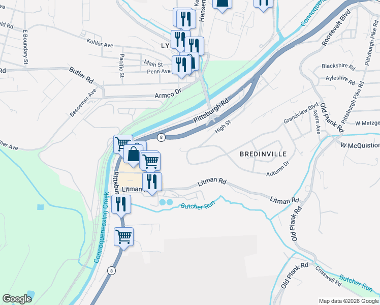 map of restaurants, bars, coffee shops, grocery stores, and more near 259 Grandview Boulevard in Butler