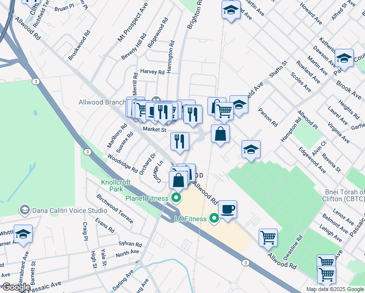 map of restaurants, bars, coffee shops, grocery stores, and more near 1 Meadow Court in Clifton