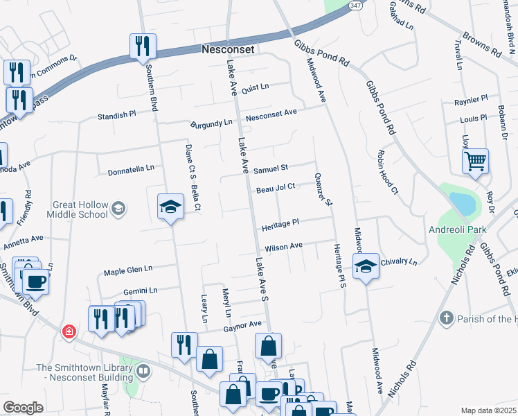 map of restaurants, bars, coffee shops, grocery stores, and more near 279 Lake Avenue South in Nesconset