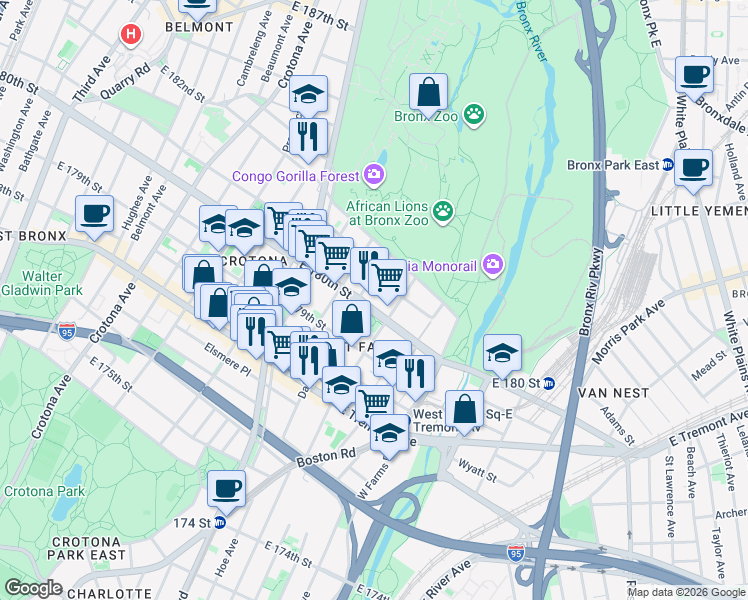 map of restaurants, bars, coffee shops, grocery stores, and more near 2116 Daly Avenue in The Bronx