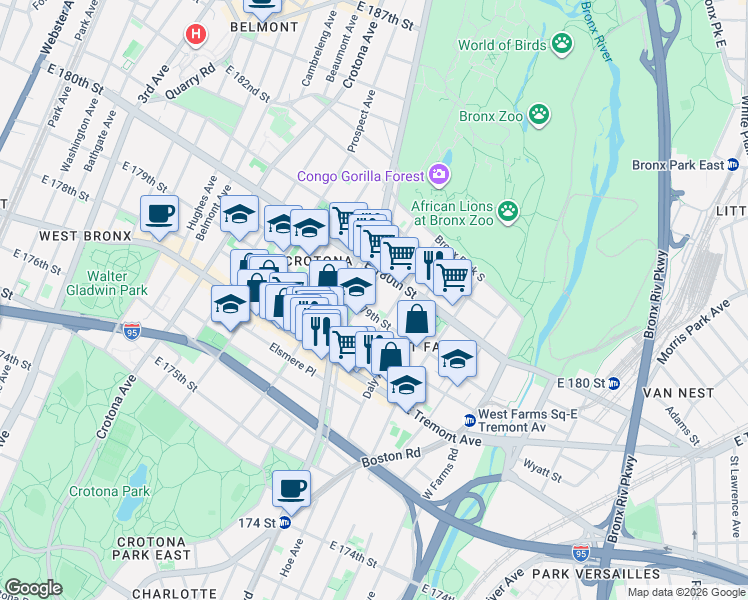 map of restaurants, bars, coffee shops, grocery stores, and more near 2079 Mohegan Avenue in The Bronx