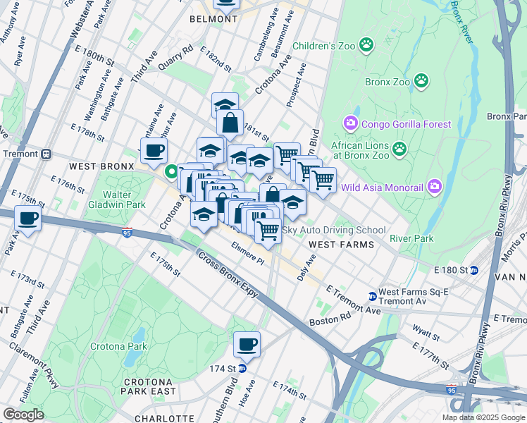 map of restaurants, bars, coffee shops, grocery stores, and more near in Bronx