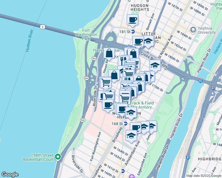map of restaurants, bars, coffee shops, grocery stores, and more near 285 Fort Washington Avenue in New York