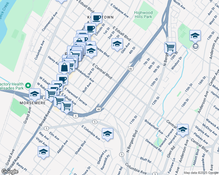 map of restaurants, bars, coffee shops, grocery stores, and more near 268B 4th Street in Palisades Park