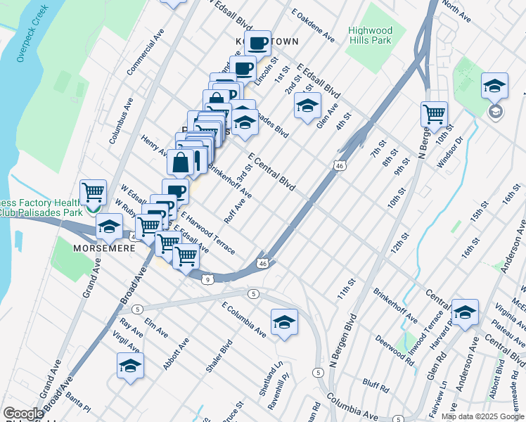 map of restaurants, bars, coffee shops, grocery stores, and more near 115 Brinkerhoff Avenue in Palisades Park