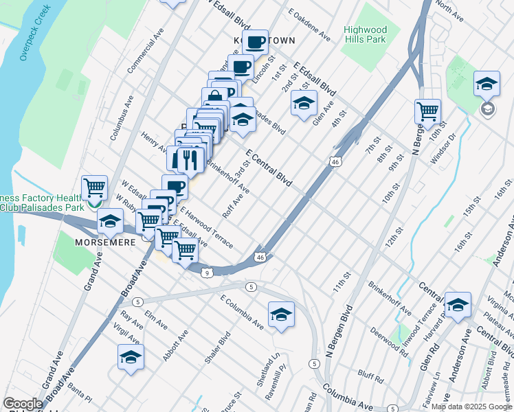 map of restaurants, bars, coffee shops, grocery stores, and more near 115 Brinkerhoff Avenue in Palisades Park