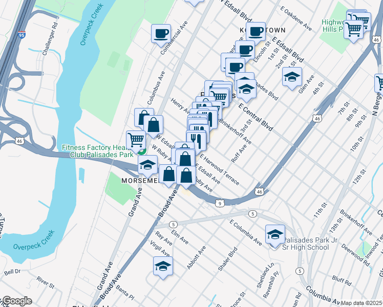 map of restaurants, bars, coffee shops, grocery stores, and more near 16 West Harwood Terrace in Palisades Park