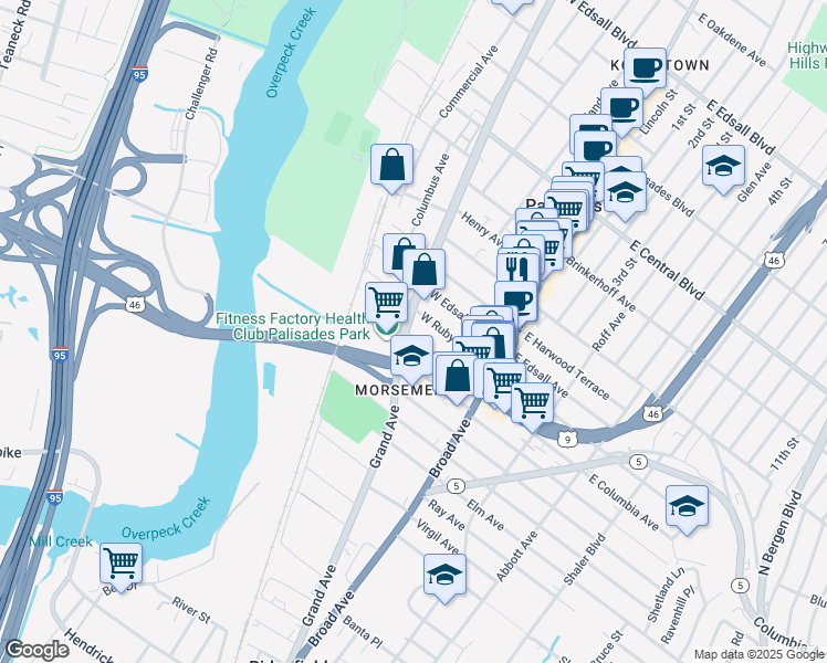 map of restaurants, bars, coffee shops, grocery stores, and more near 76 West Ruby Avenue in Palisades Park