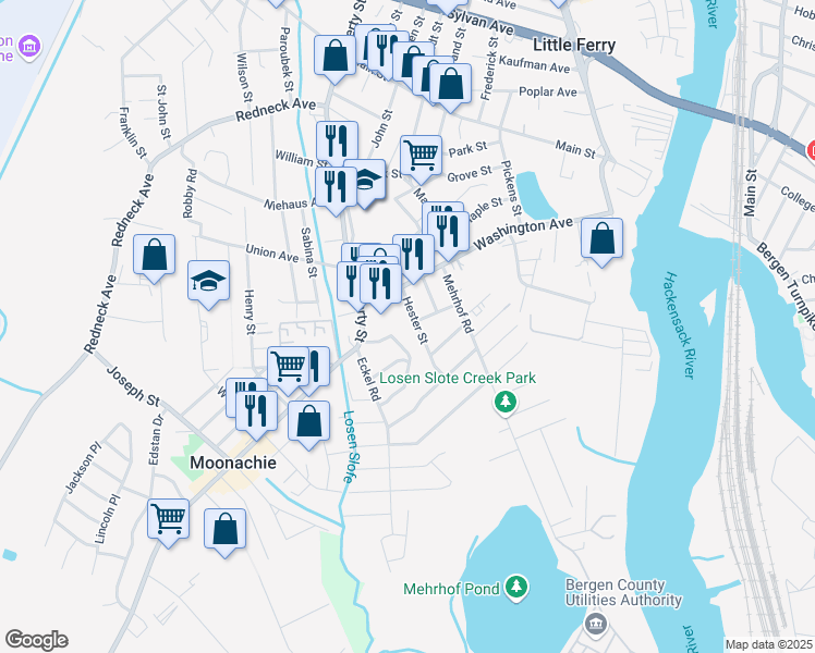 map of restaurants, bars, coffee shops, grocery stores, and more near 26 Hester Street in Little Ferry