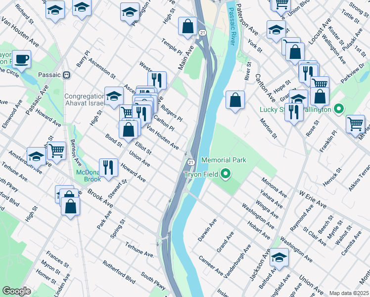 map of restaurants, bars, coffee shops, grocery stores, and more near 41 Spring Street in Passaic