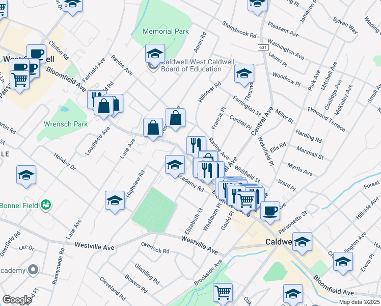 map of restaurants, bars, coffee shops, grocery stores, and more near 507 Bloomfield Avenue in Caldwell
