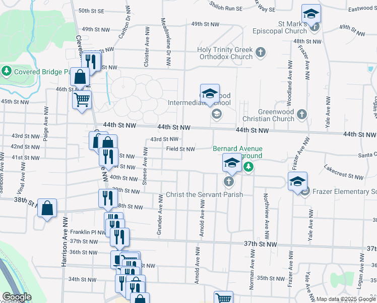 map of restaurants, bars, coffee shops, grocery stores, and more near 1233 Field Street Northwest in Canton