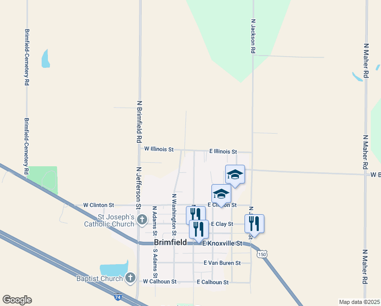 map of restaurants, bars, coffee shops, grocery stores, and more near 101-153 West Illinois Street in Brimfield