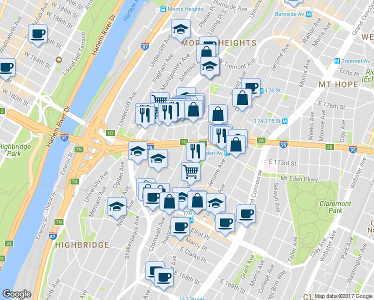 map of restaurants, bars, coffee shops, grocery stores, and more near 1548 Jesup Avenue in Bronx