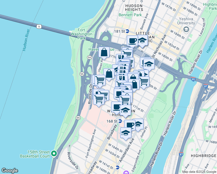 map of restaurants, bars, coffee shops, grocery stores, and more near 275 Fort Washington Avenue in New York