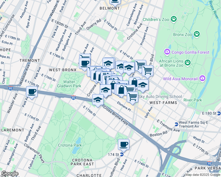 map of restaurants, bars, coffee shops, grocery stores, and more near 753e East Tremont Avenue in The Bronx