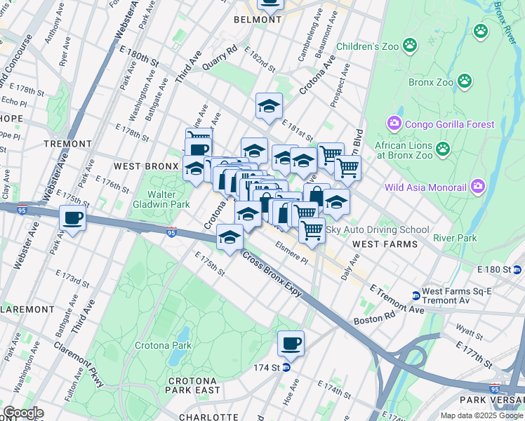 map of restaurants, bars, coffee shops, grocery stores, and more near in The Bronx
