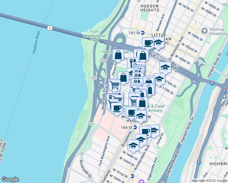 map of restaurants, bars, coffee shops, grocery stores, and more near Haven Ave & W 171st St in New York
