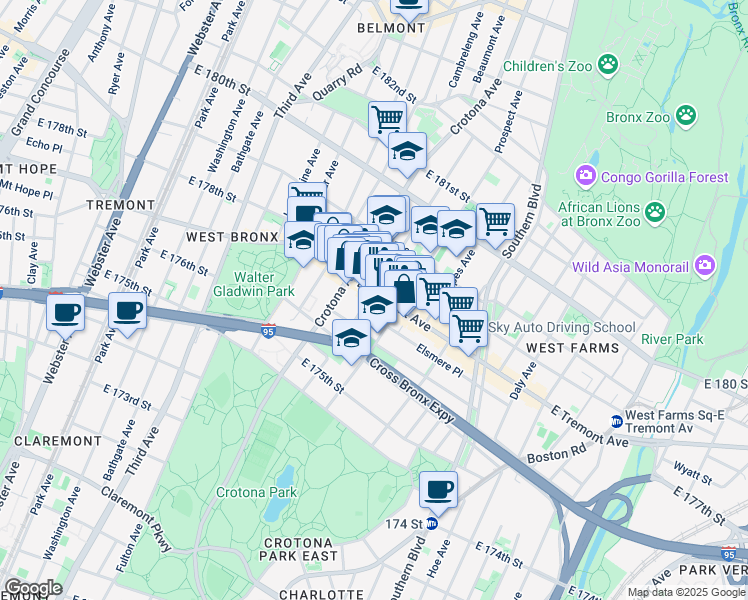 map of restaurants, bars, coffee shops, grocery stores, and more near 753e East Tremont Avenue in The Bronx